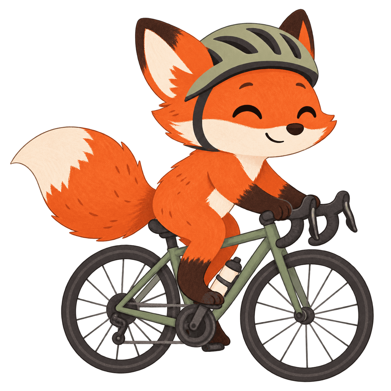 Een vrolijke vos met helm op de fiets