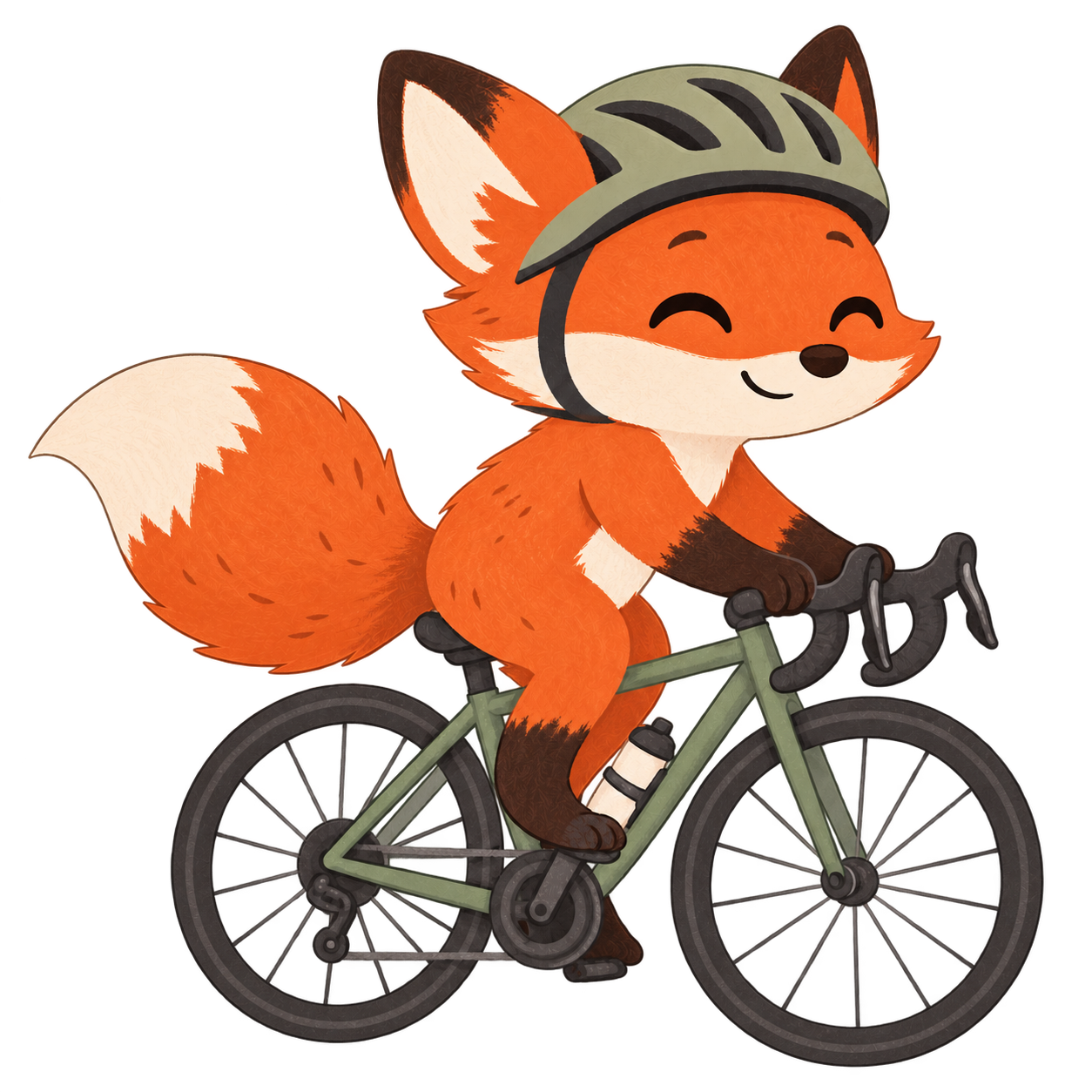 Een vrolijke vos met helm op de fiets
